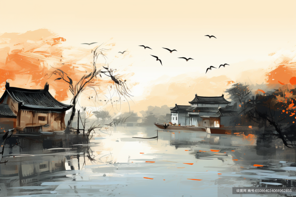 水墨烟雨江南插画绘画png下载_编号650864034068962855-设图网