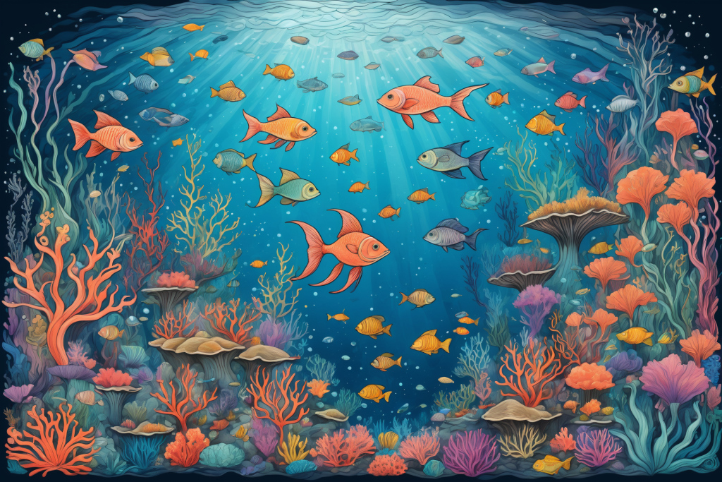 鱼群海鱼大海珊瑚游鱼鱼类插画图片