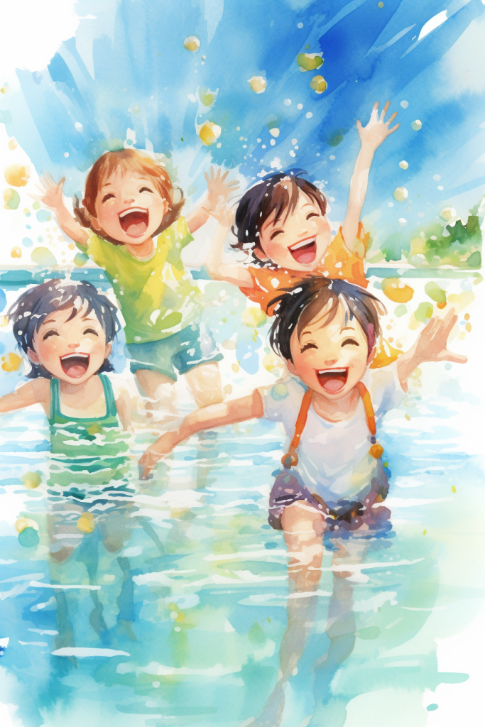 夏日玩水休闲泳池晴空游泳学生插画图片