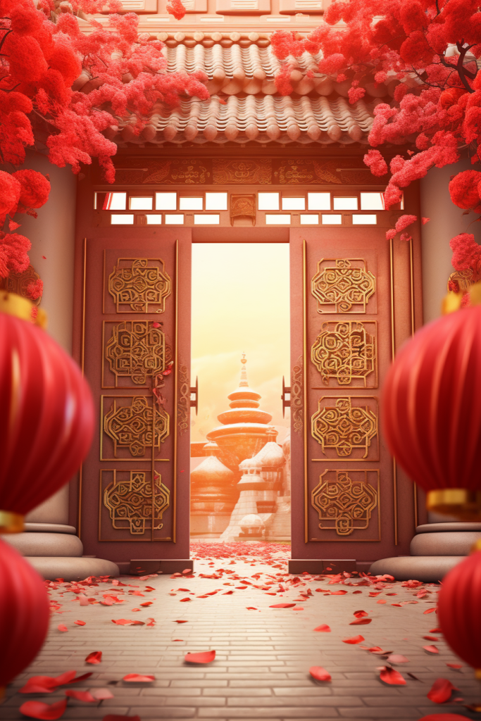 开门大吉灯笼建筑大门牌坊背景图图片