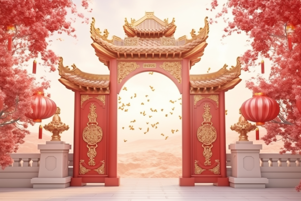 开门大吉灯笼建筑大门牌坊背景图图片