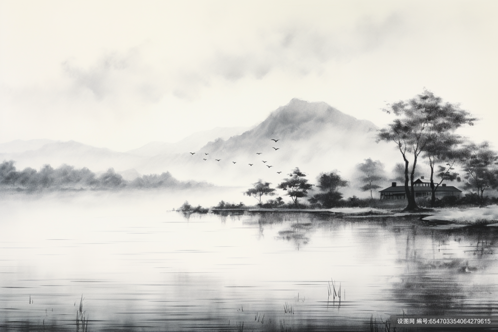 山水河流河水烟雾水墨画插画图片