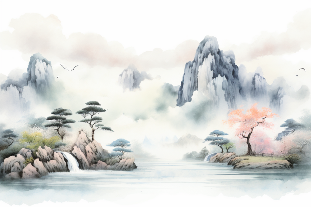 风景美景山峦云雾山川美术水墨画插画图片