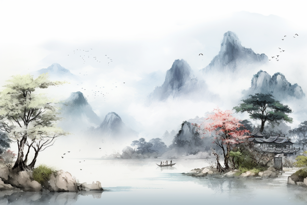 风景美景山峦云雾山川美术水墨画插画图片