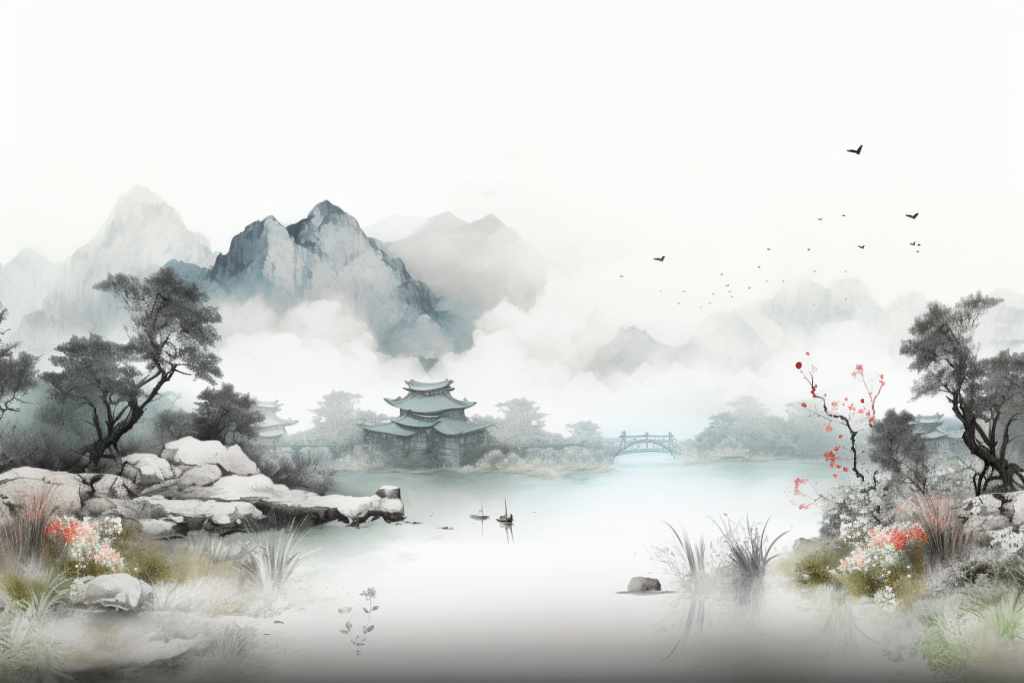 风景美景山峦云雾山川美术水墨画插画图片