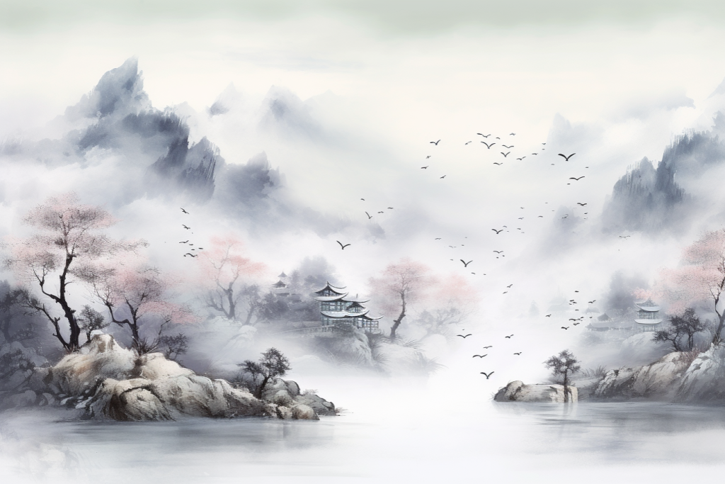 风景美景山峦云雾山川美术水墨画插画图片