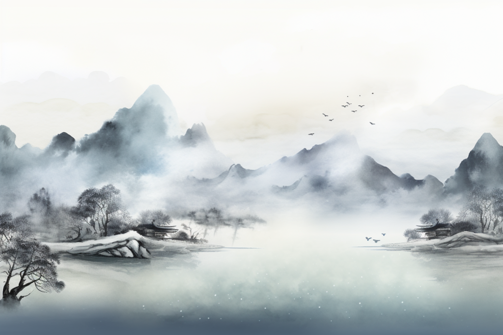 风景美景山峦云雾山川美术水墨画插画图片