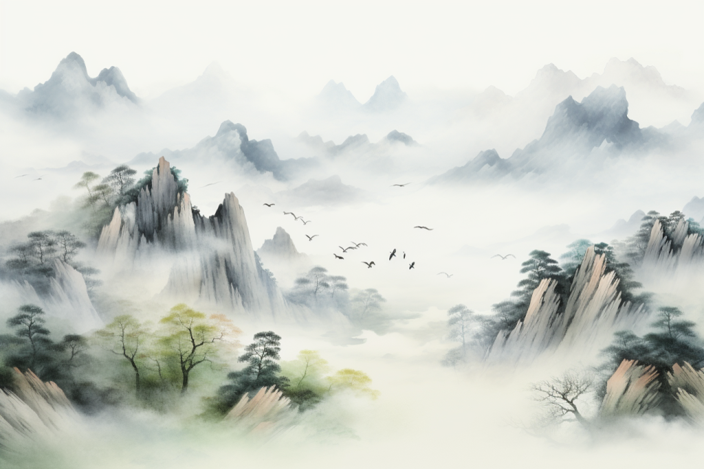 云雾画作山峰水墨画插画图片