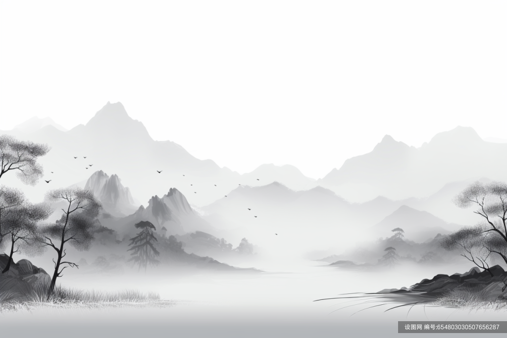 云雾山川山水艺术河水烟雾水墨画插画图片png下载_编号654803030507656287-设图网