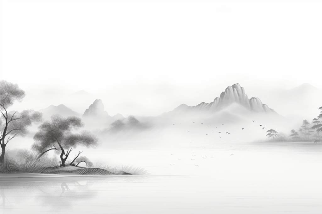 河水烟雾水墨画插画图片