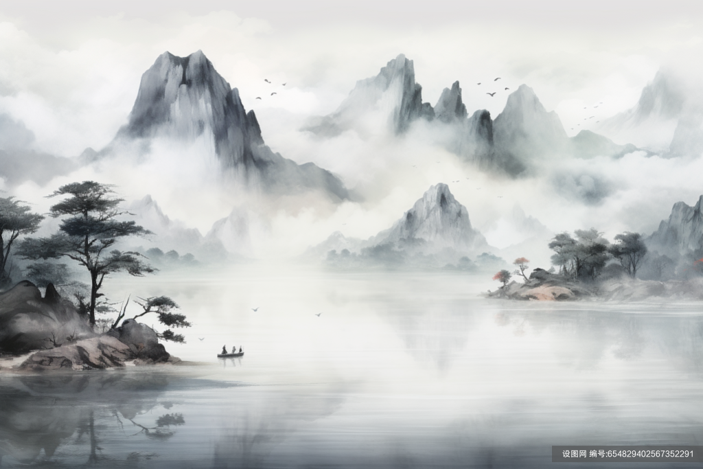 山峦云雾画作山水水墨画美景插画图片png下载_编号654829402567352291-设图网