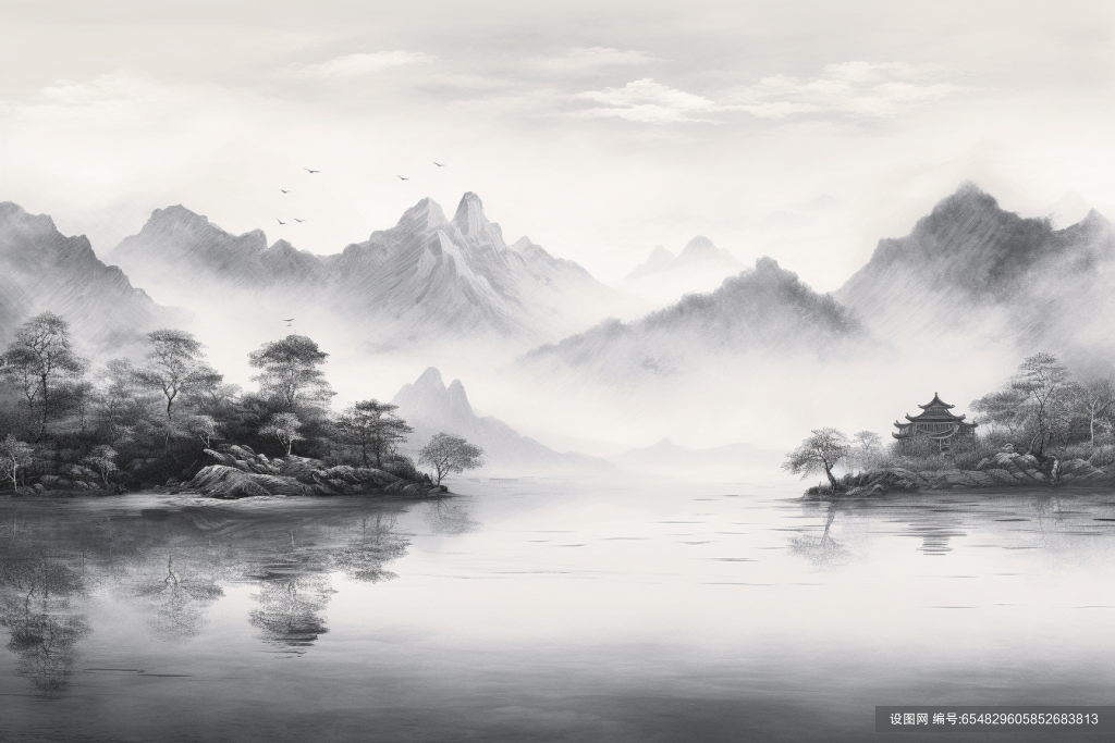山峦云雾画作山水水墨画美景插画图片png下载_编号654829605852683813-设图网