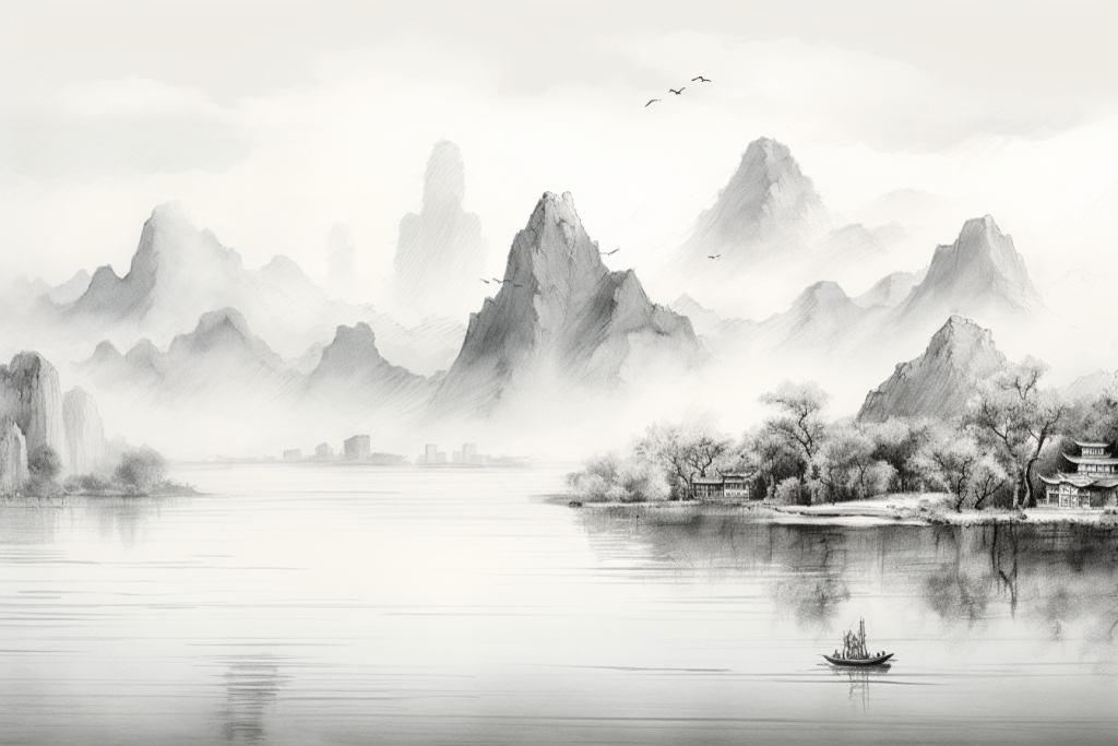 美术风景水墨画美景插画图片