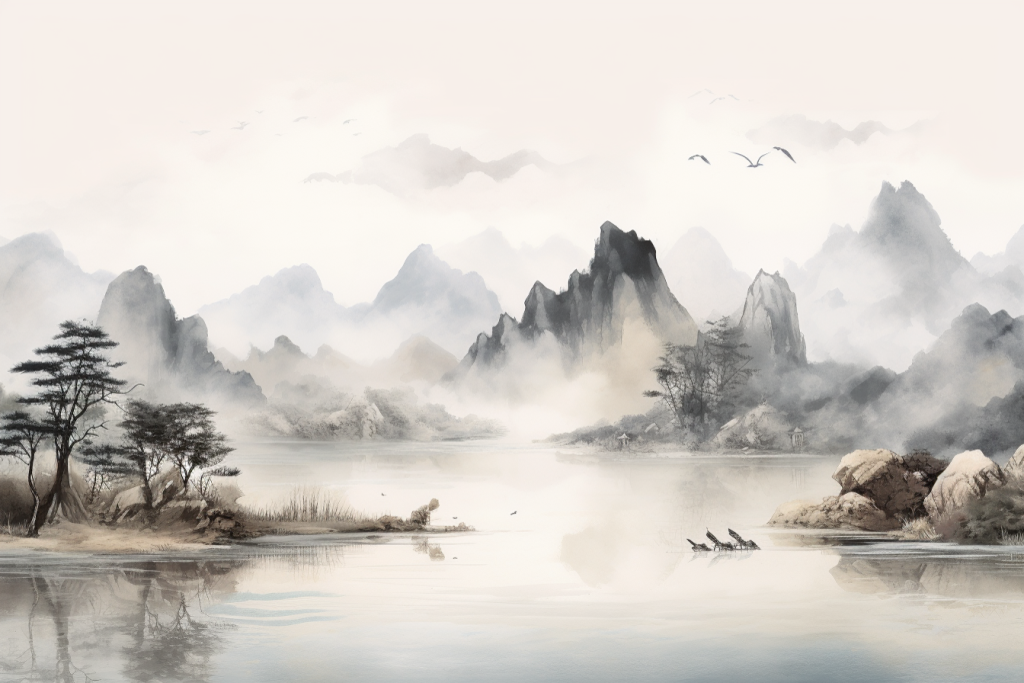山峰美术风景水墨景色美景山水插画图片