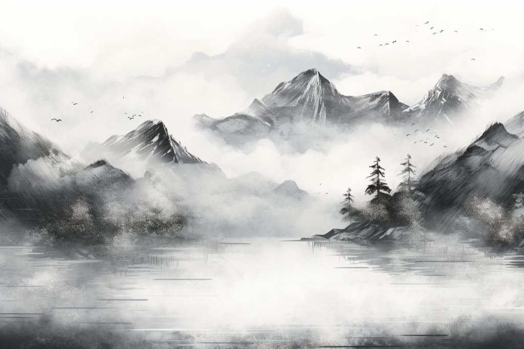 风景水墨景色美景山水插画图片