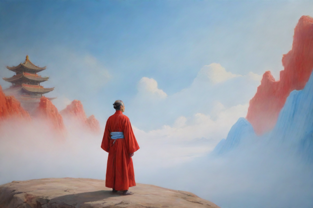 男子站立红色建筑旁宋代工笔山水画
