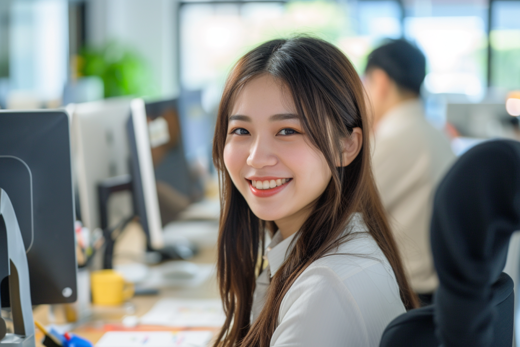 上班打工人开心工作笑脸摄影图