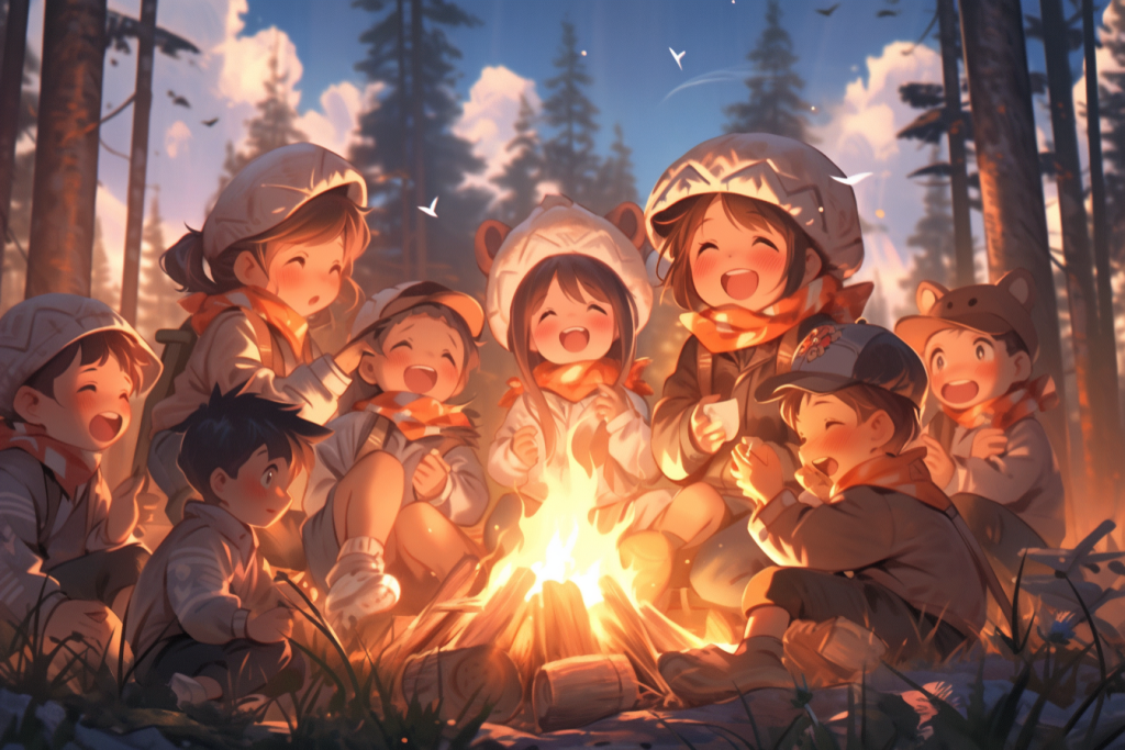 小孩儿时露营郊游插画图片