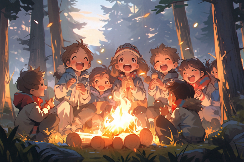 小孩儿时露营郊游插画图片