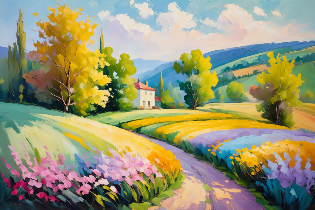 惬意田园画作油画插画图片