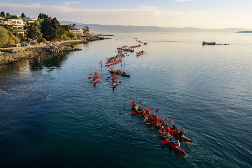 端午节龙舟队划龙舟摄影图片