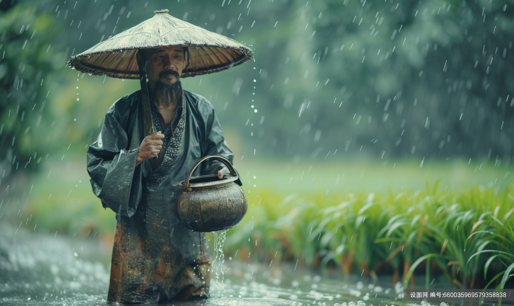 下雨天稻田里的人物素材图AI图