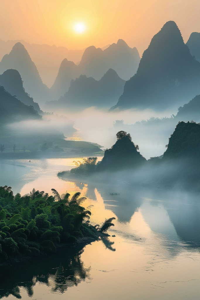 烟雨朦胧的山峰林间夕阳景色摄影图片