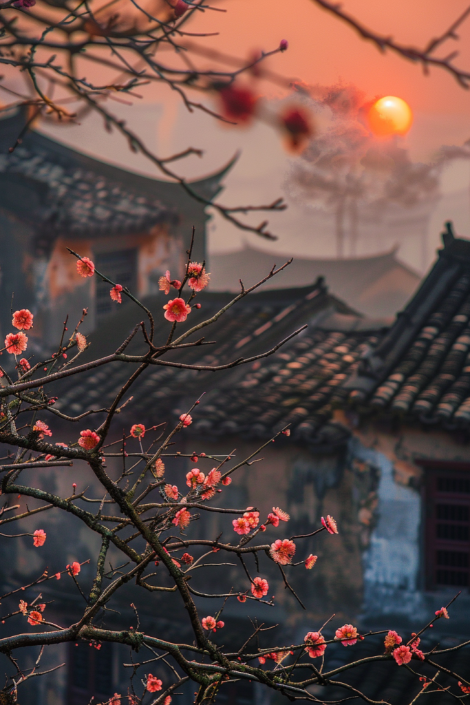 夕阳西下的古建筑摄影图片