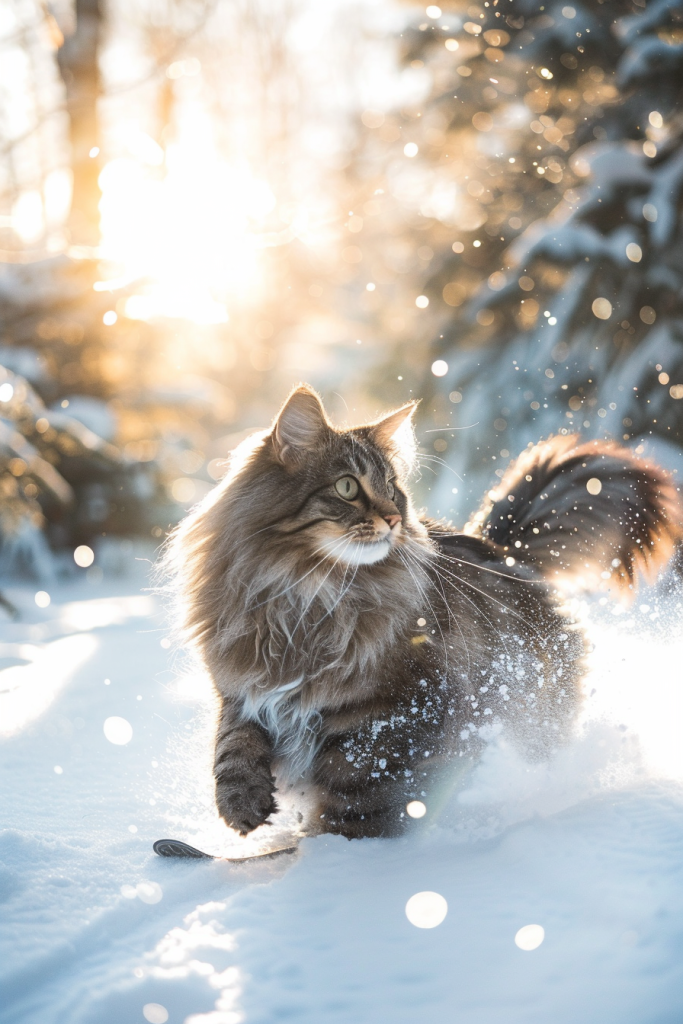 雪地里的家养缅因猫摄影图片
