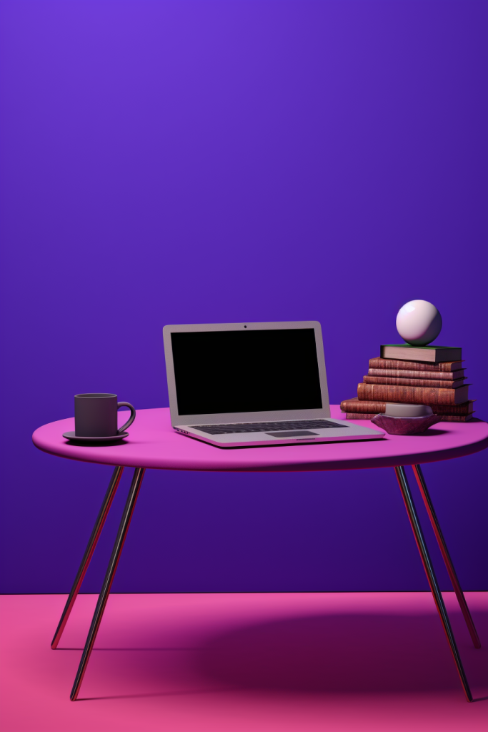 紫色背景笔记本电脑工作桌面摄影图片