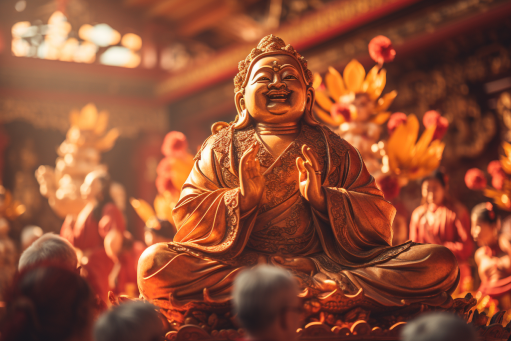 美丽花丛中的佛像雕塑摄影图片