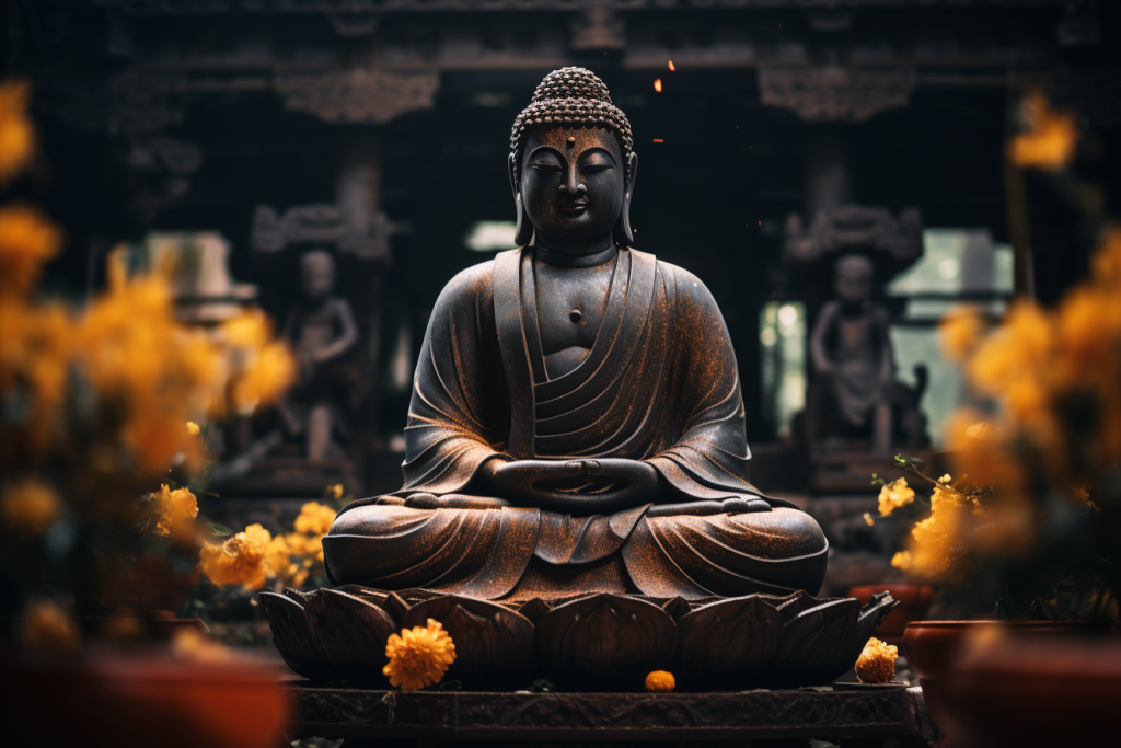 美丽花丛中的佛像雕塑摄影图片