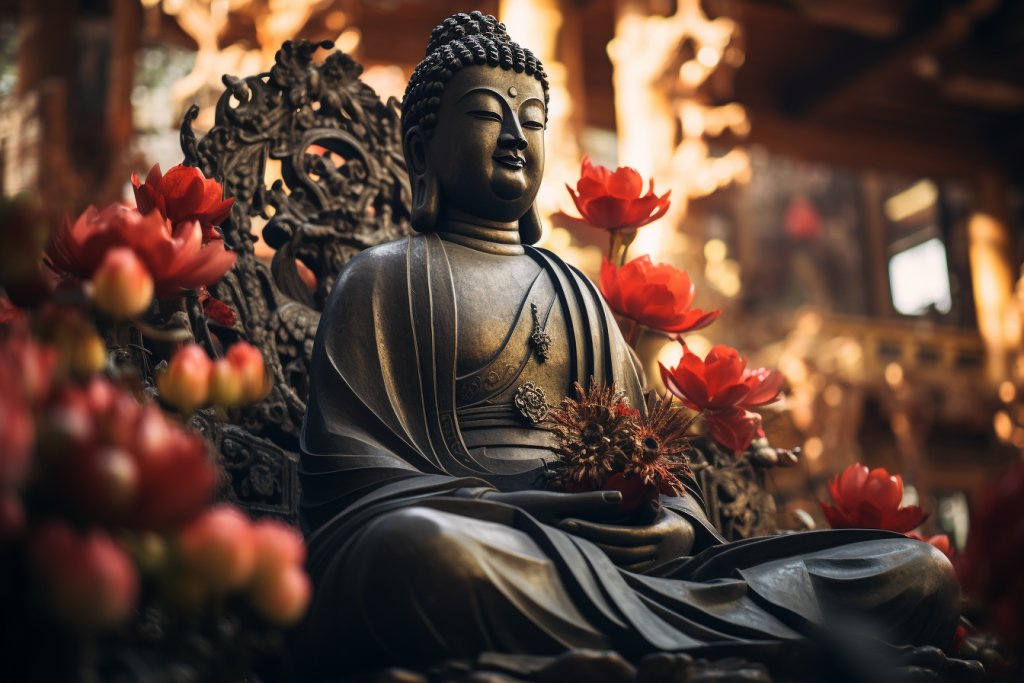 美丽花丛中的佛像雕塑摄影图片