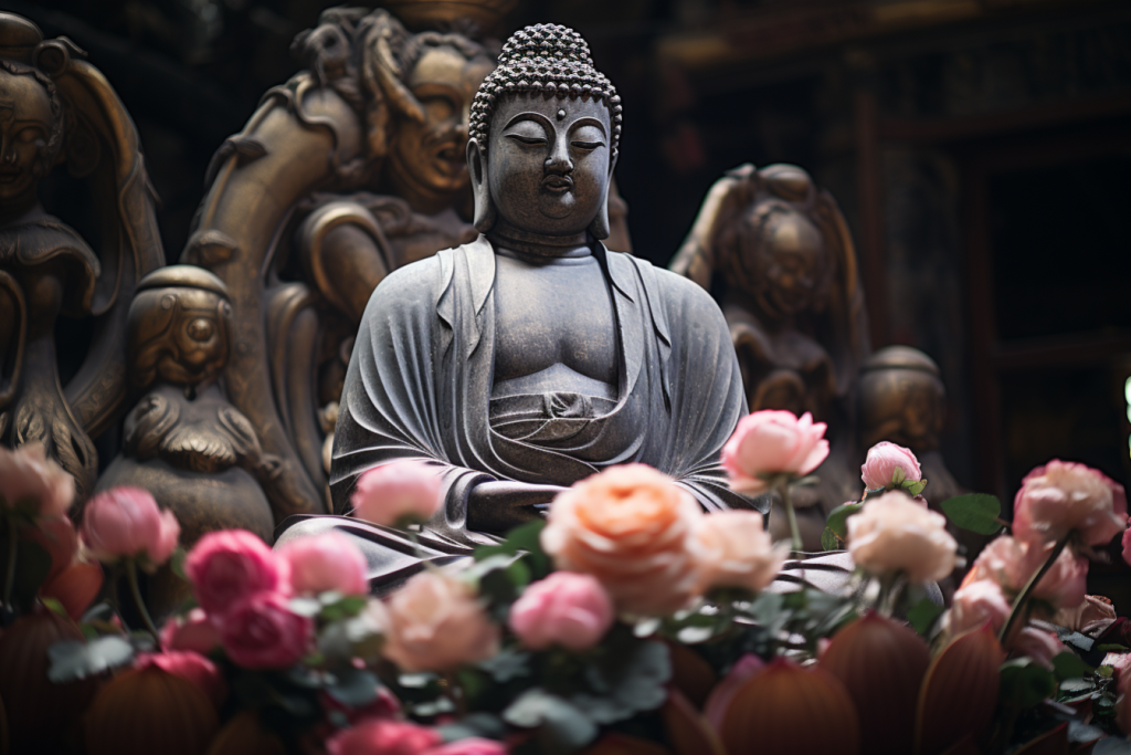 美丽花丛中的佛像雕塑摄影图片
