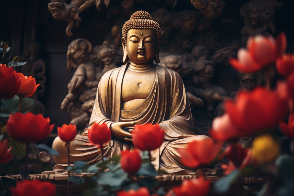 美丽花丛中的佛像雕塑摄影图片