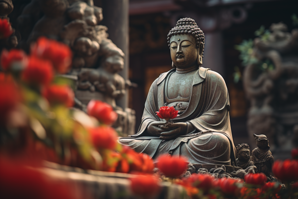 美丽花丛中的佛像雕塑摄影图片