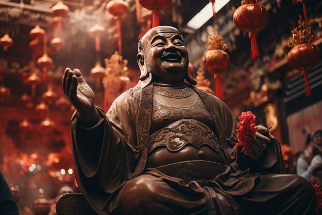 美丽花丛中的佛像雕塑摄影图片