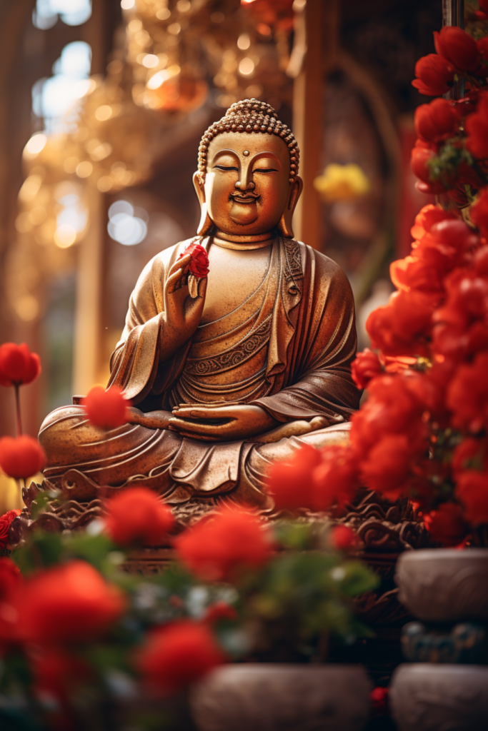神情自若花丛中的佛像雕塑摄影图片