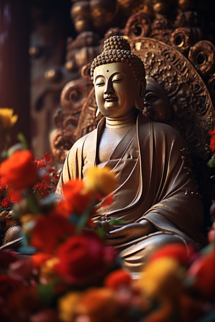 神情自若花丛中的佛像雕塑摄影图片