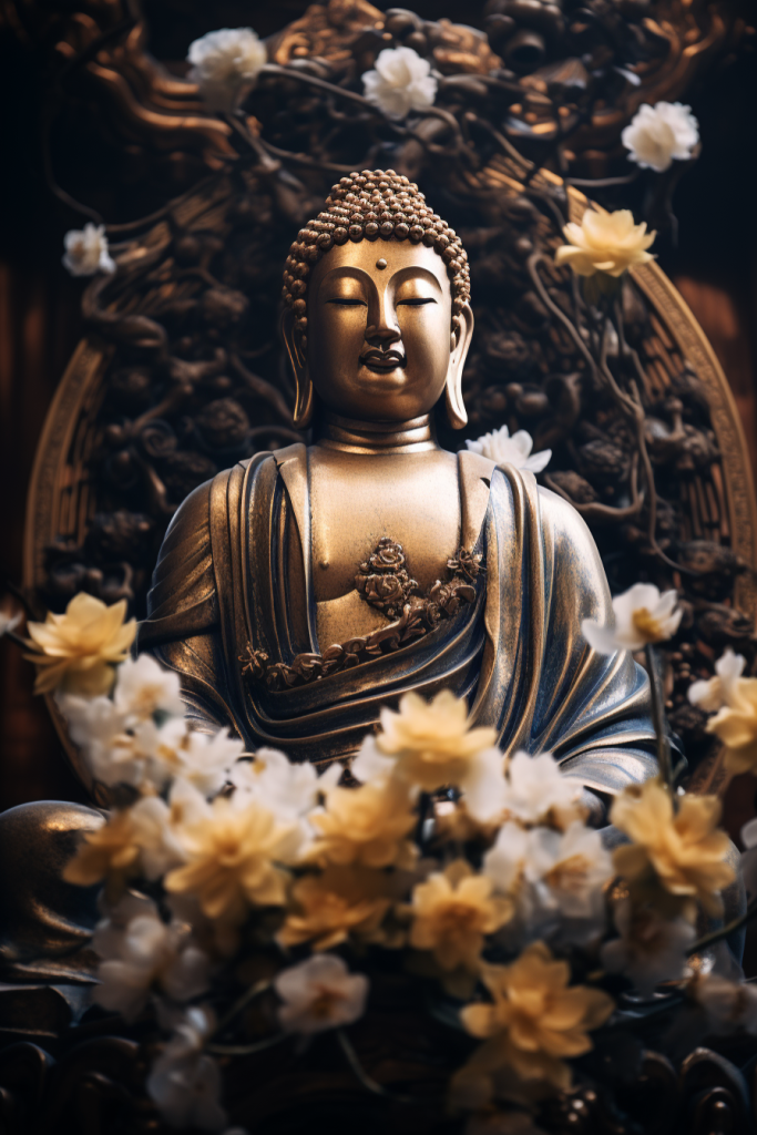 神情自若花丛中的佛像雕塑摄影图片