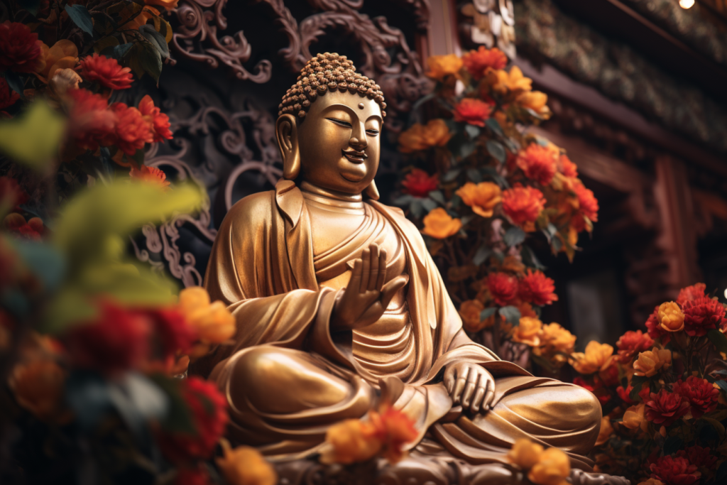 神情自若花丛中的佛像雕塑摄影图片