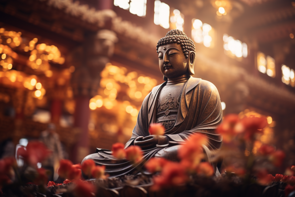 神情自若花丛中的佛像雕塑摄影图片