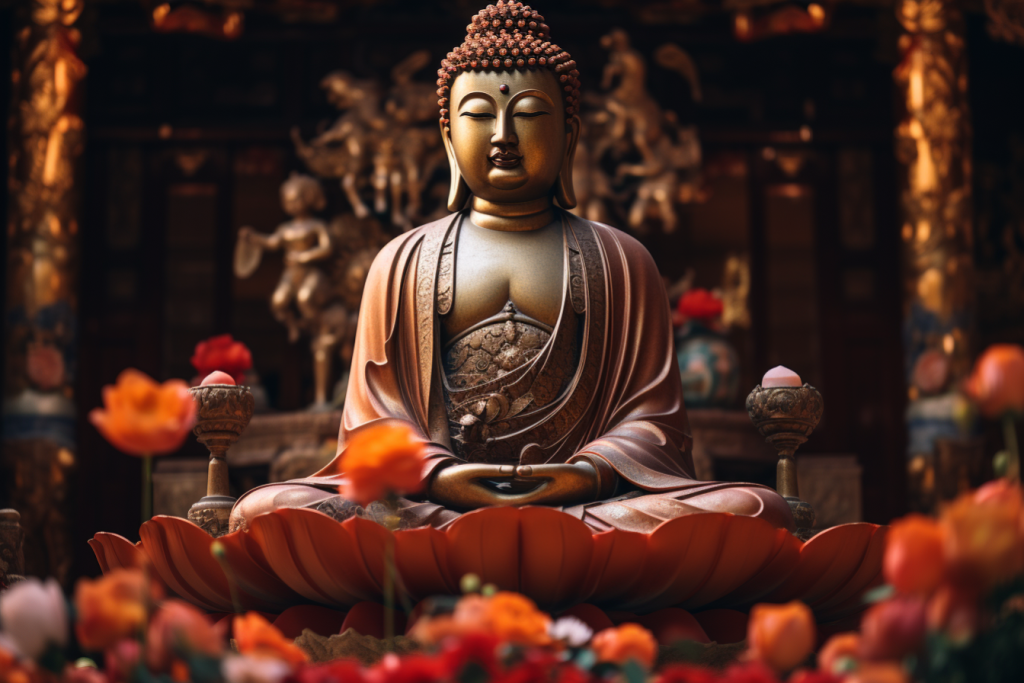 神情自若花丛中的佛像雕塑摄影图片