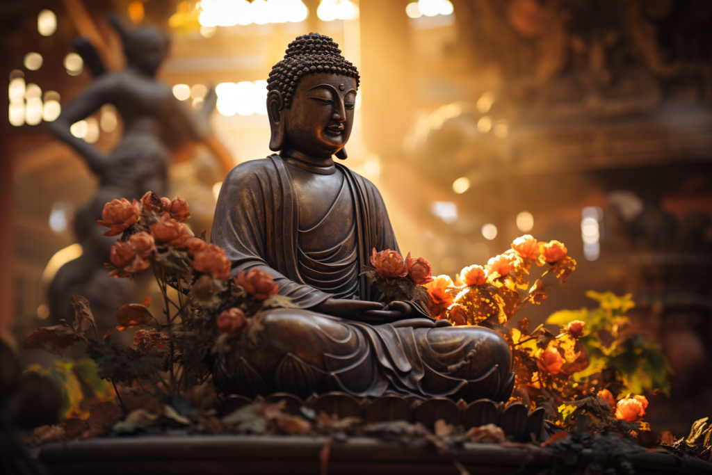 神情自若花丛中的佛像雕塑摄影图片