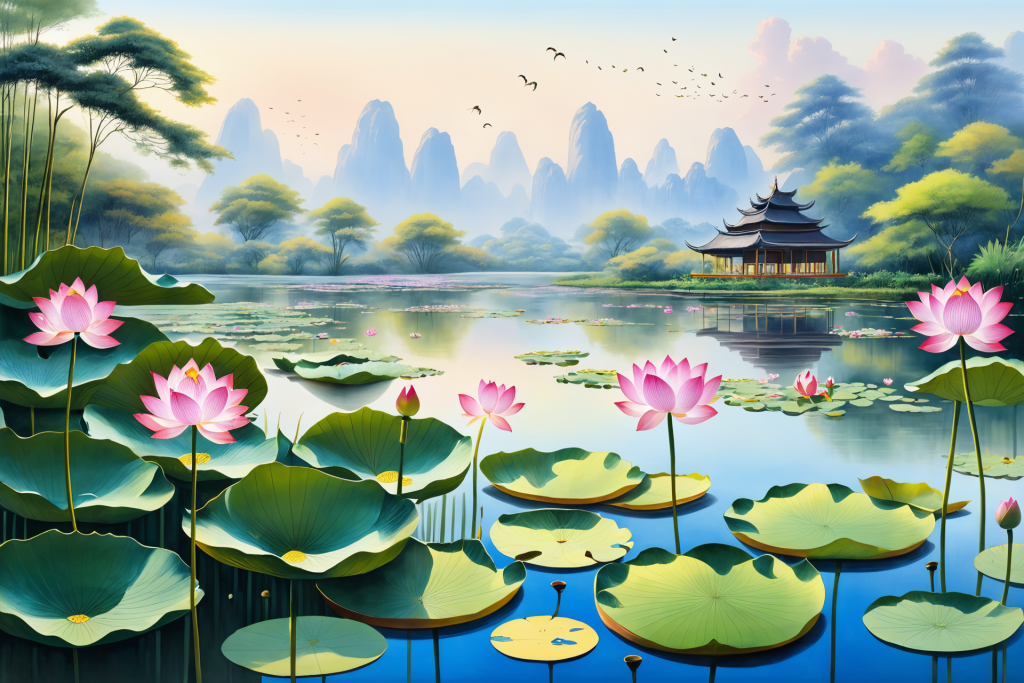 仲夏莲花暑假植物荷花荷叶插画图片