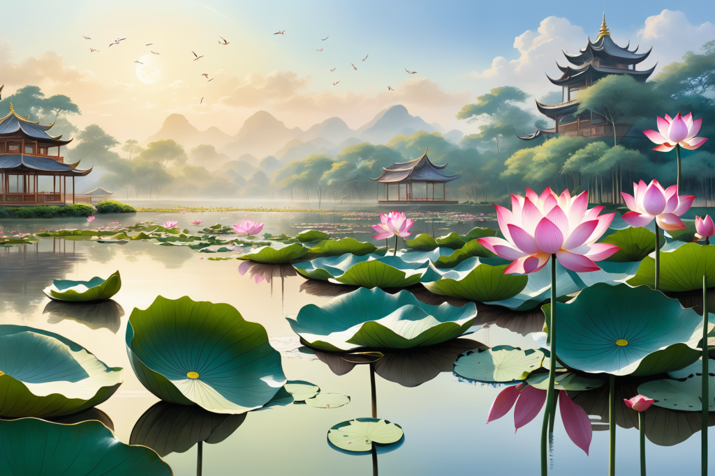 暑假植物荷花荷叶插画图片