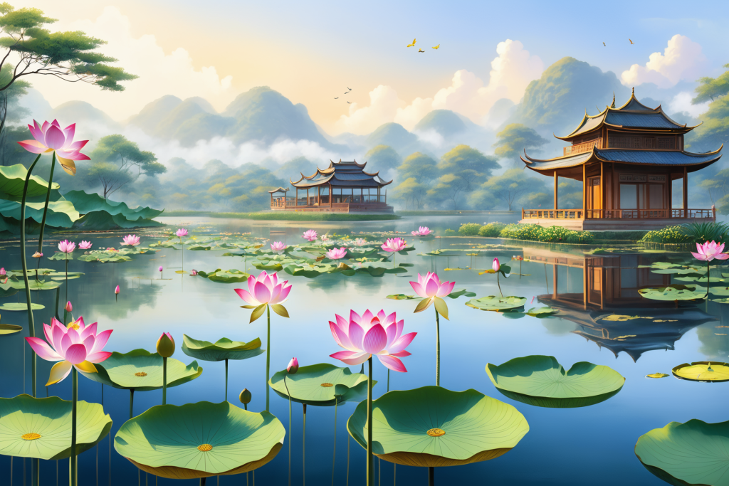 池塘荷花荷叶插画图片