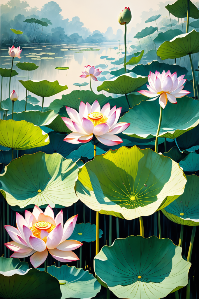 莲花池塘鲜艳荷花荷叶插画图片
