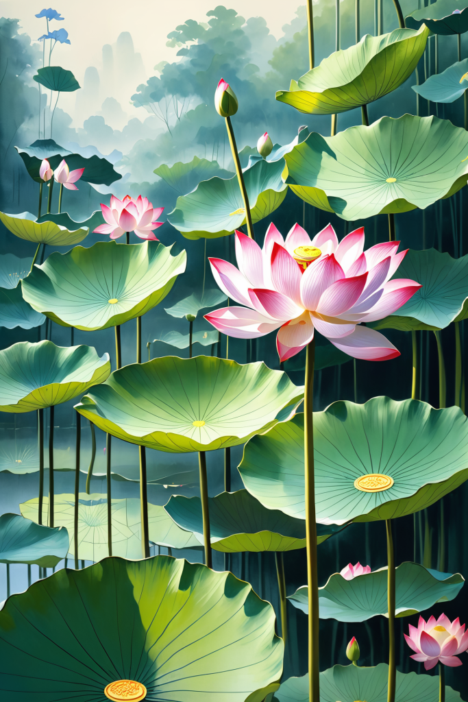 花瓣暑假鲜花荷花荷叶插画图片