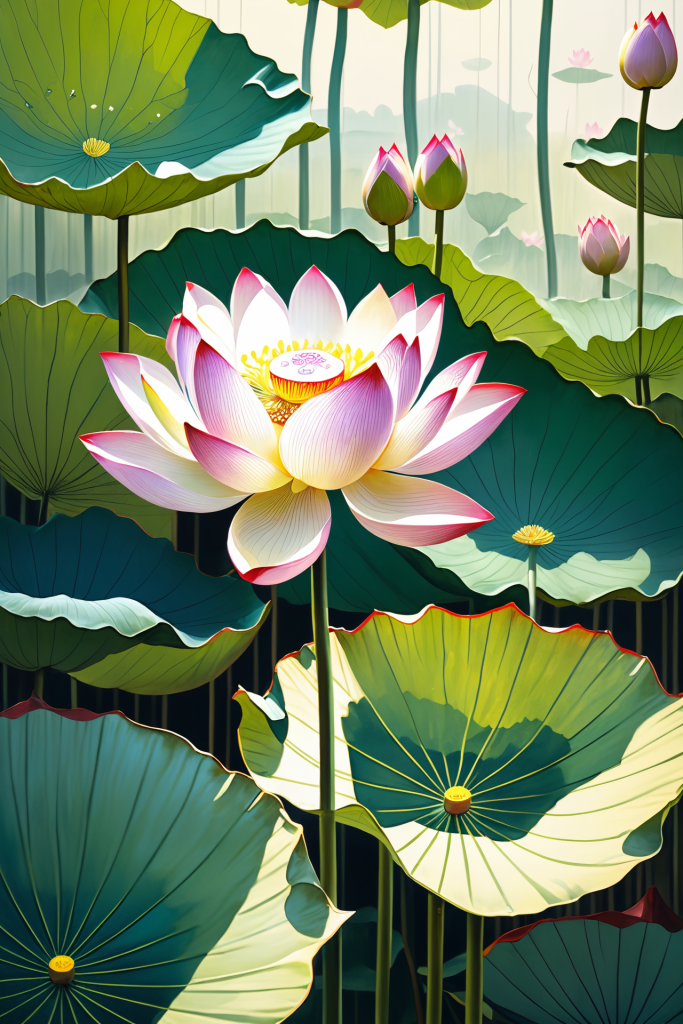 花瓣暑假鲜花荷花荷叶插画图片